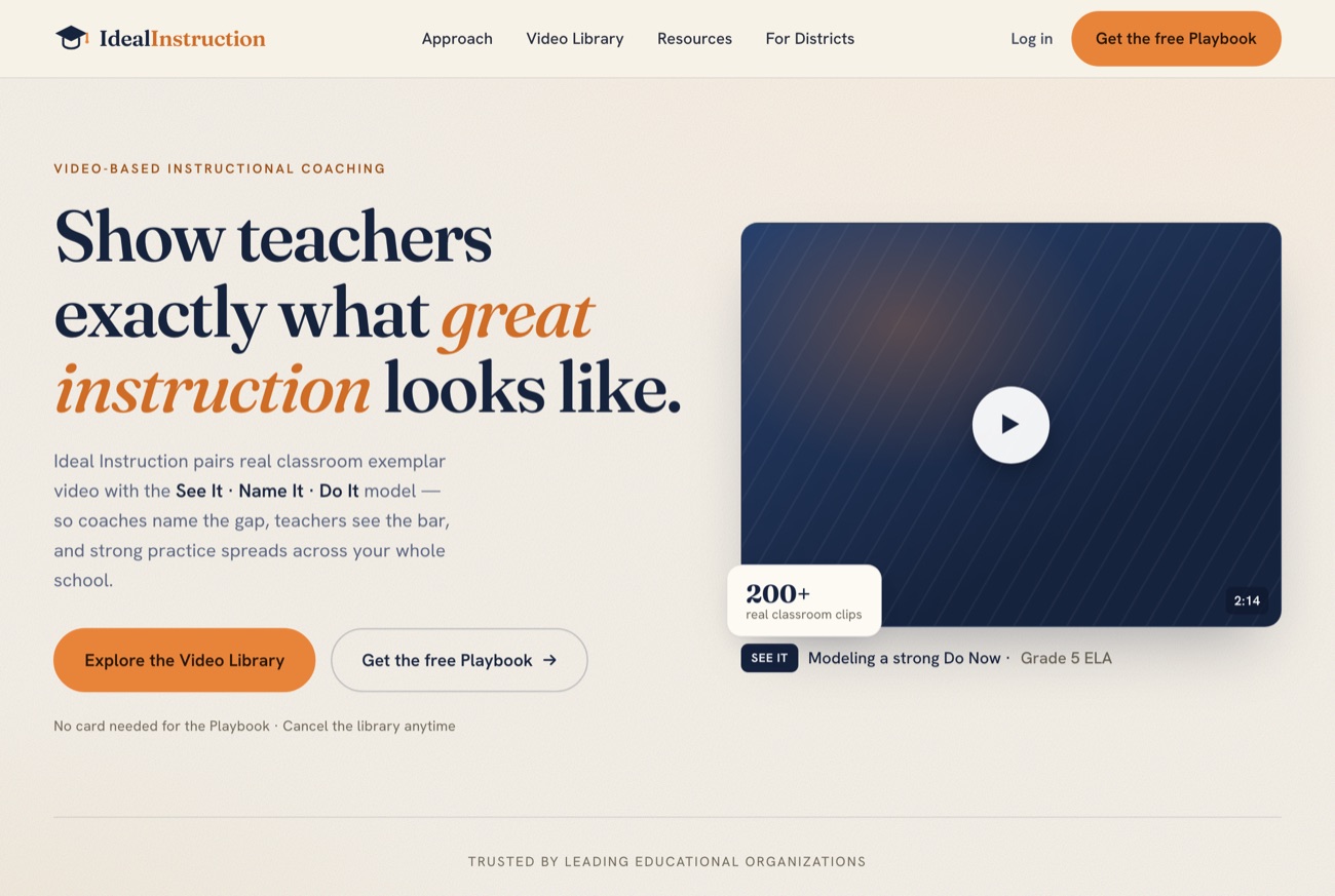 Screenshot of Ideal Instruction — an instructional-coaching video library homepage