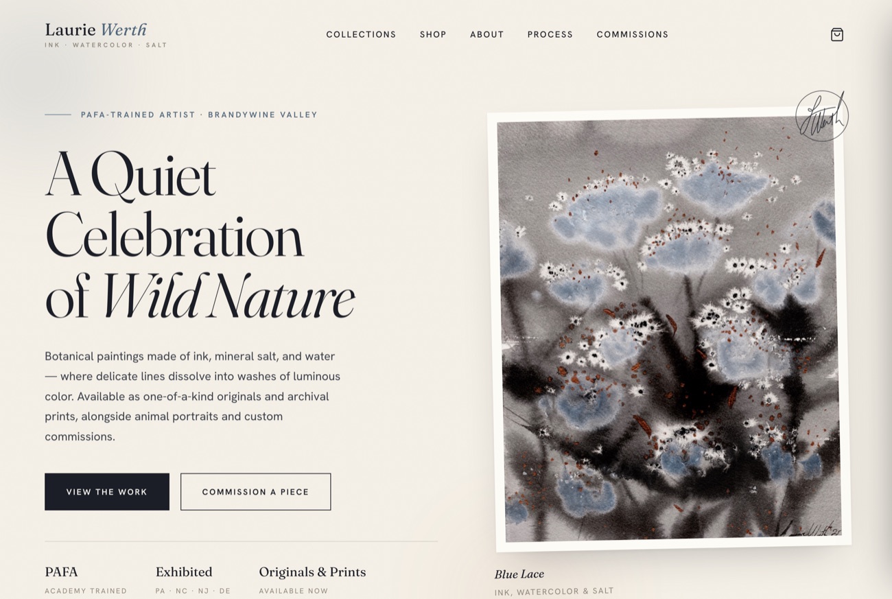 Screenshot of Laurie Werth Prints — a botanical art print shop homepage