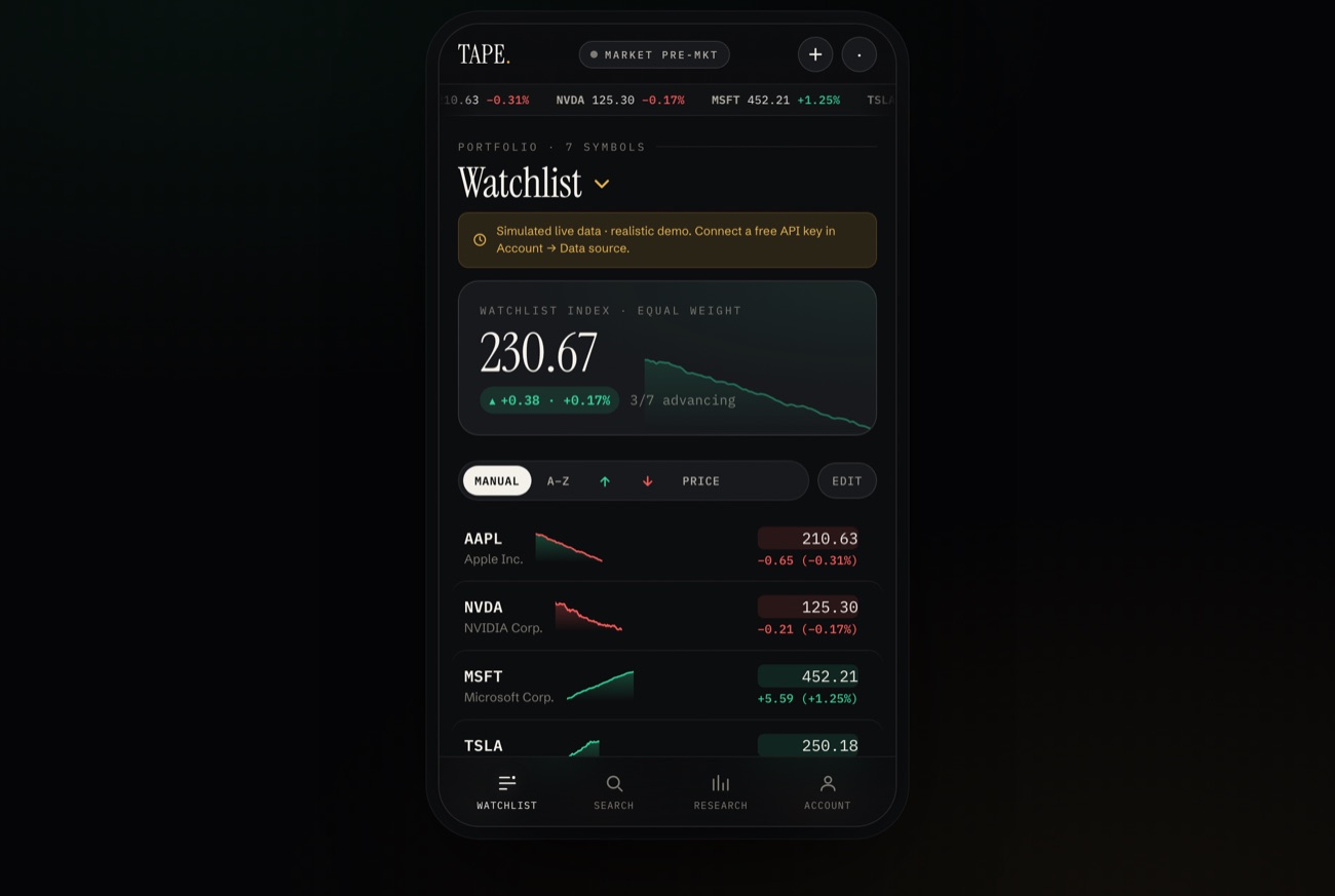 Screenshot of TAPE — a mobile-first stock watchlist web app shown in a phone mockup